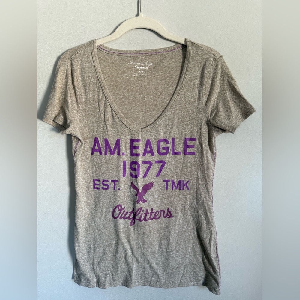 American Eagle Outfitters Heathered Gray Tee with Purple Graphic